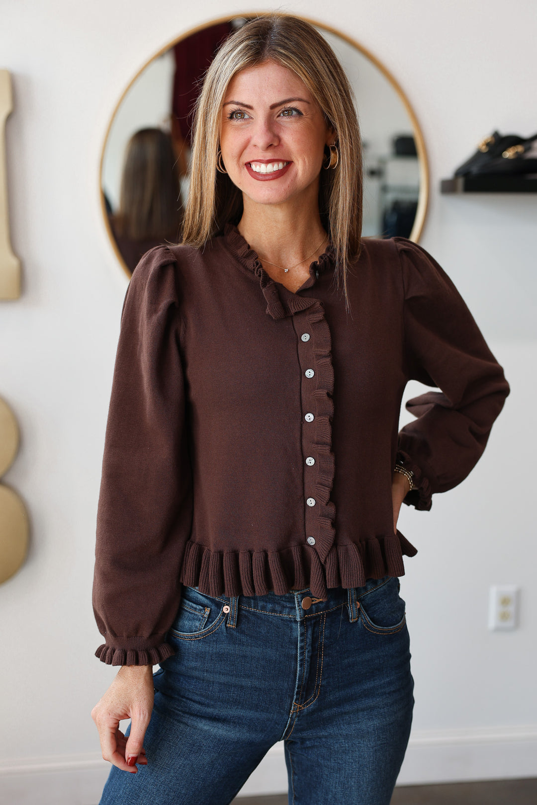 Ruffle Trim Sweater Cardigan - Brown