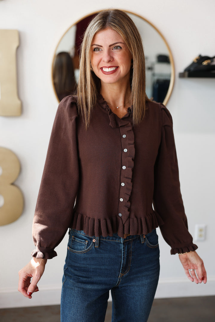 Ruffle Trim Sweater Cardigan - Brown