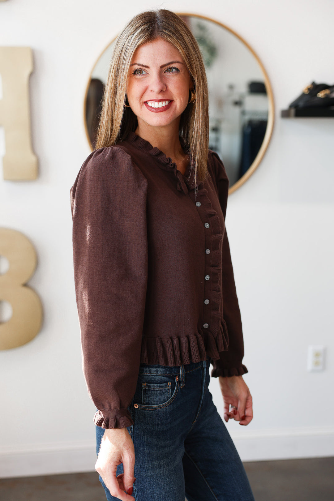Ruffle Trim Sweater Cardigan - Brown