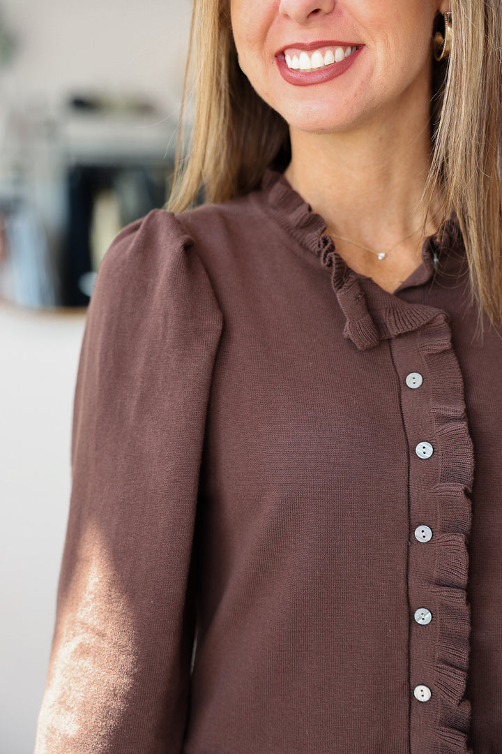 Ruffle Trim Sweater Cardigan - Brown