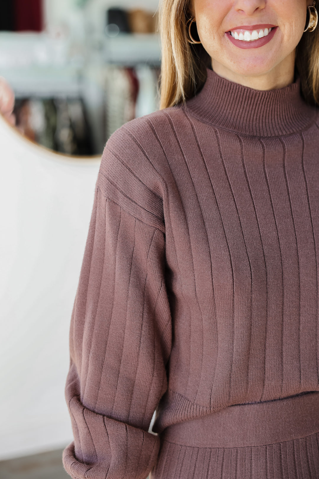 Textured Striped Sweater Set (Top) - Brown