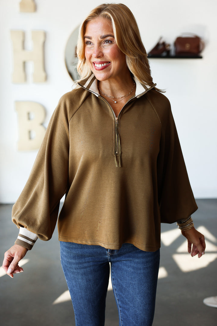 Quarter Zip Long Sleeve Top - Olive