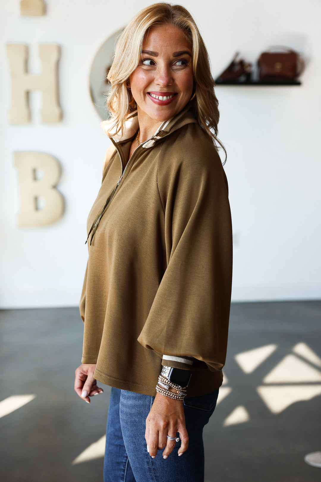 Quarter Zip Long Sleeve Top - Olive