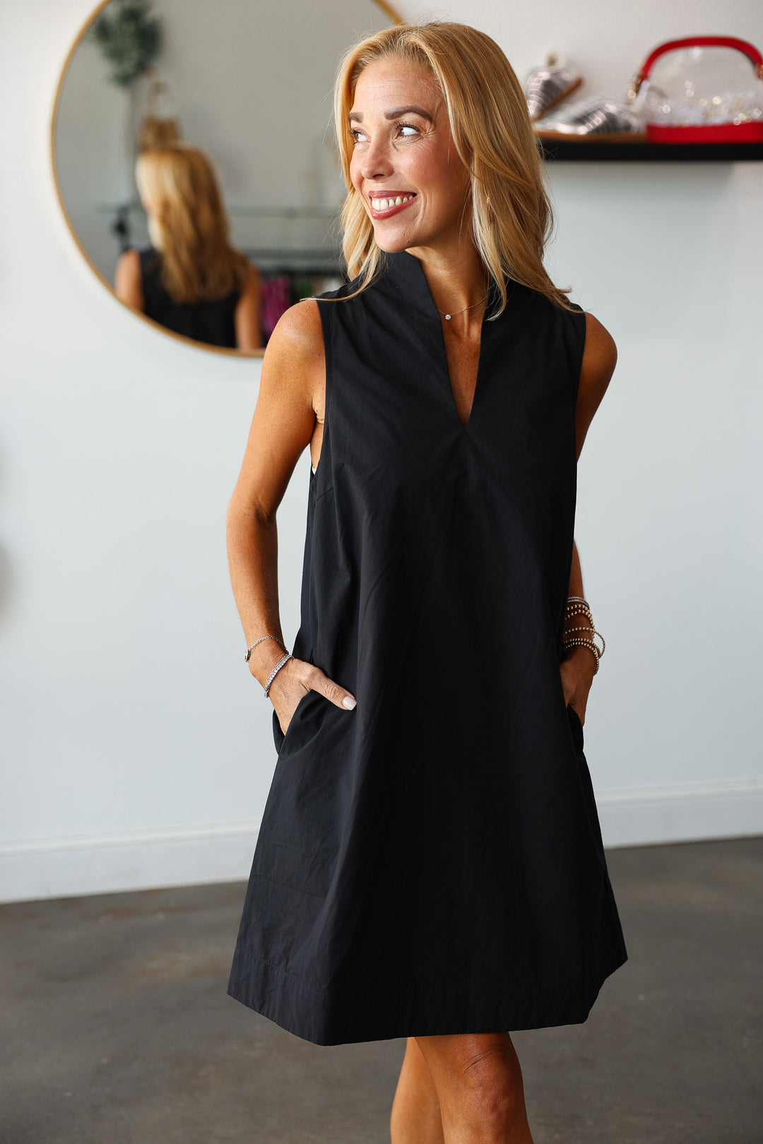 V Neck Shift Dress - Black