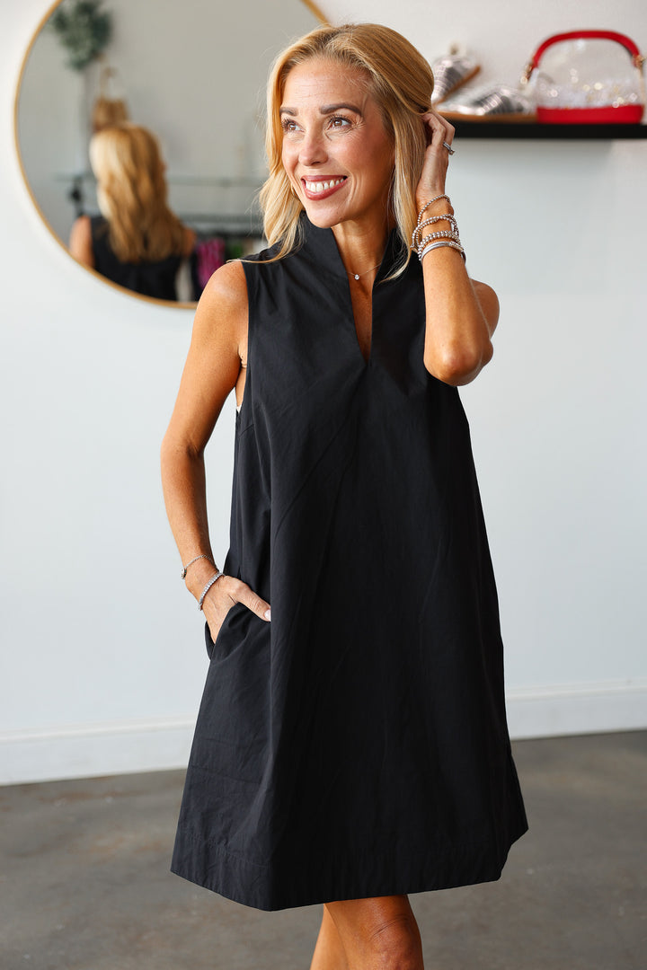 V Neck Shift Dress - Black