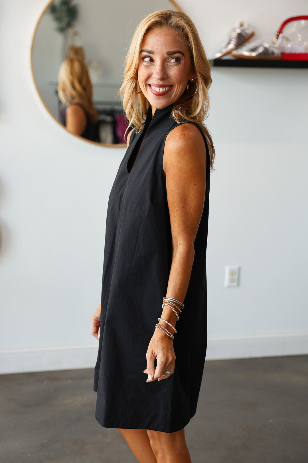 V Neck Shift Dress - Black