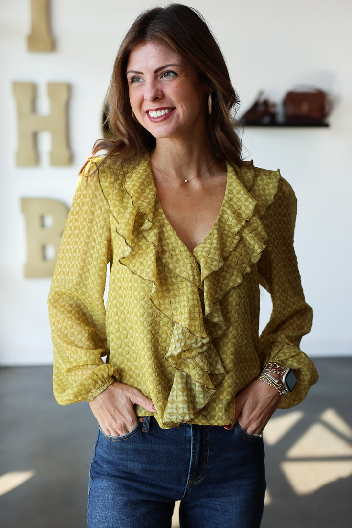 Ruffle Neck Blouse - Olive