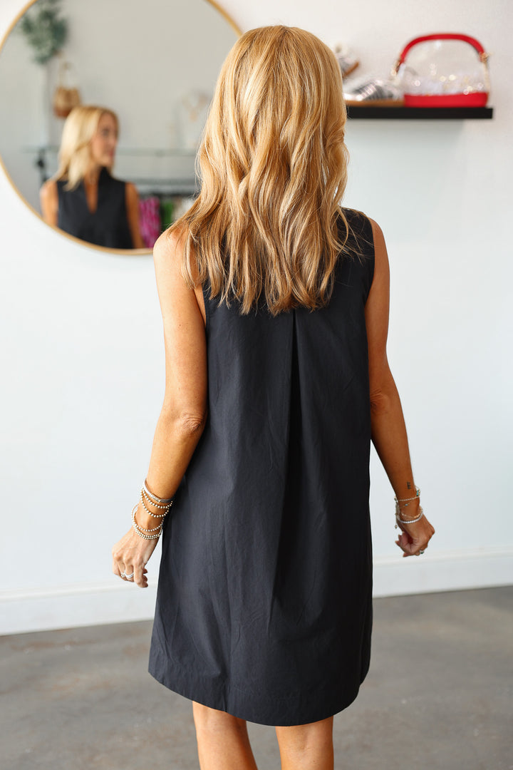 V Neck Shift Dress - Black