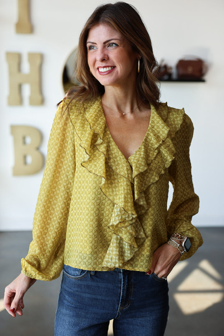 Ruffle Neck Blouse - Olive