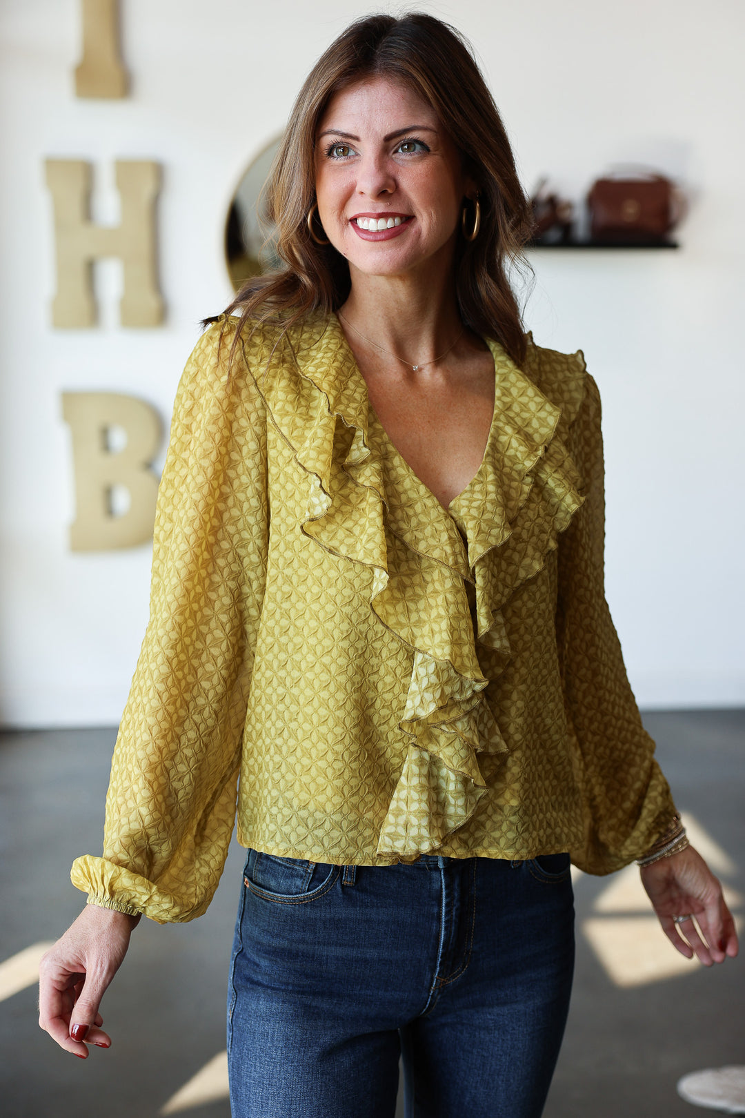 Ruffle Neck Blouse - Olive