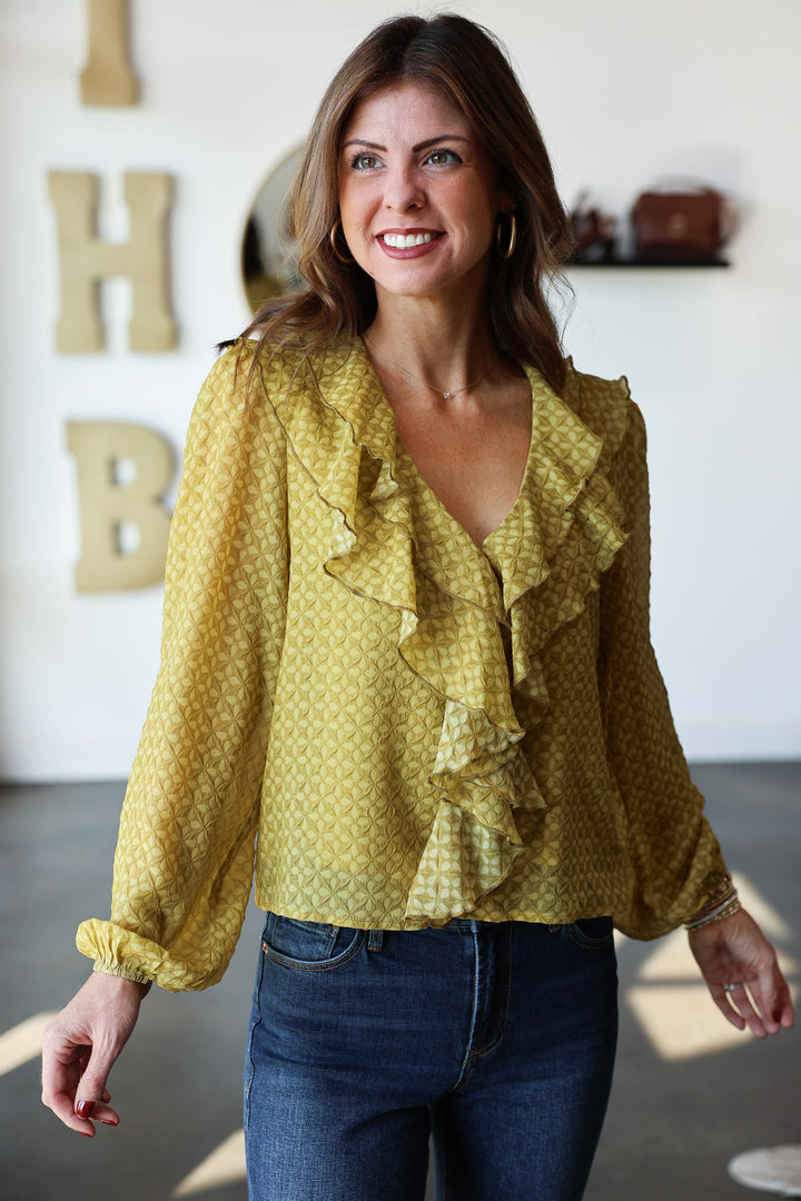 Ruffle Neck Blouse - Olive