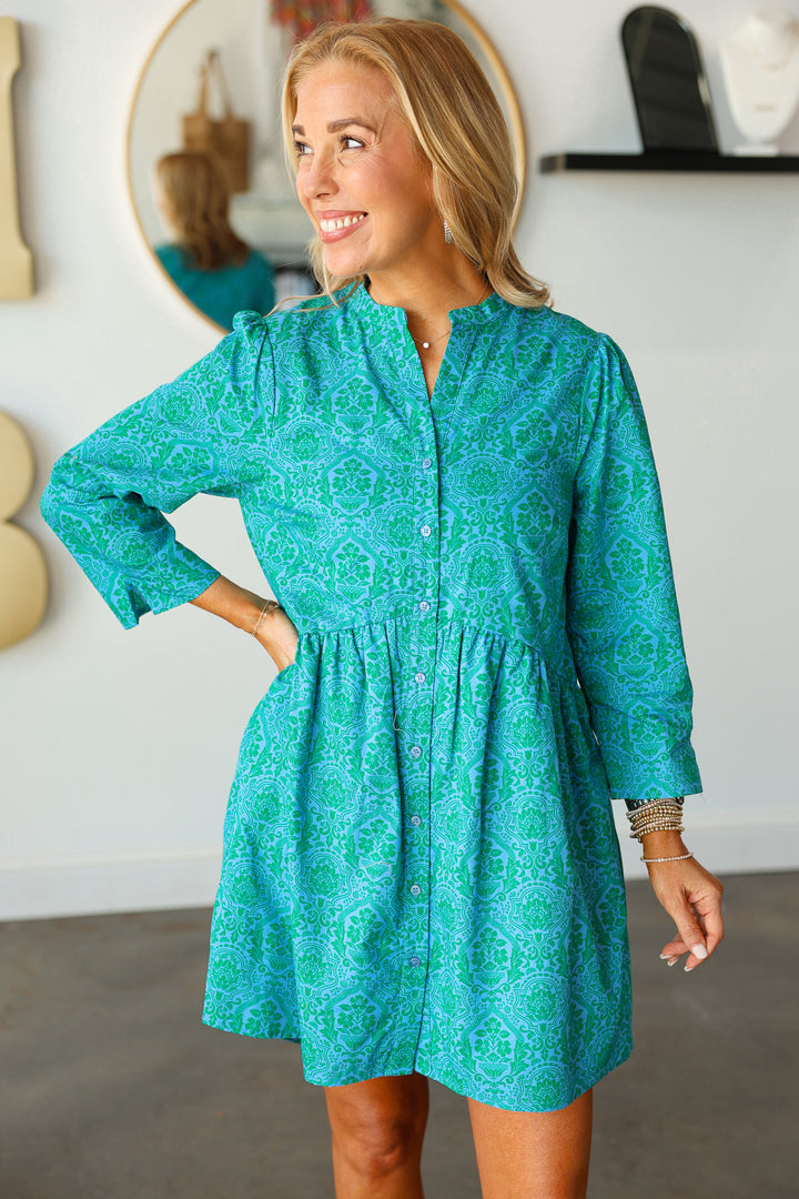 Printed Button Down Dress - Teal