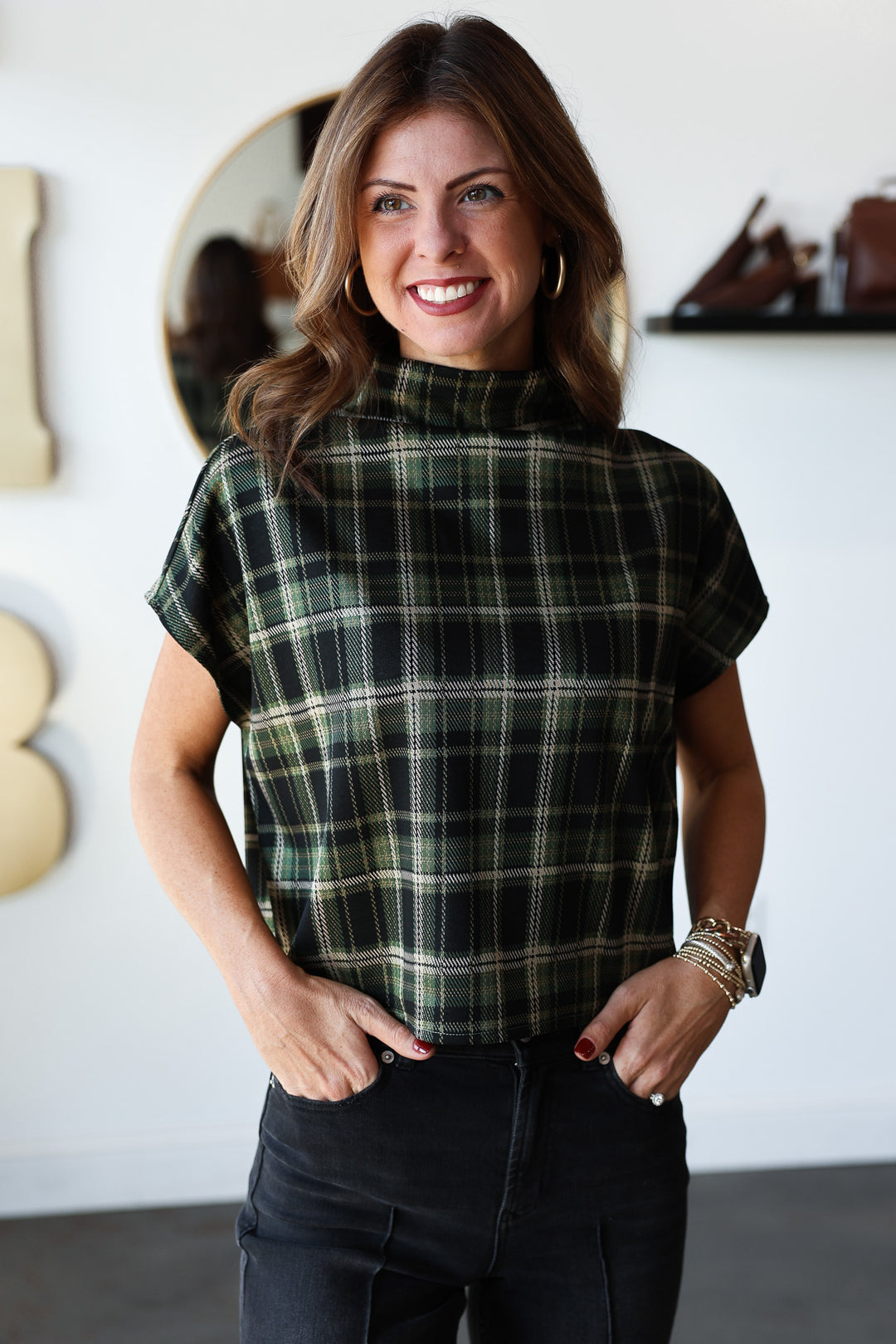Mock Neck Plaid Top - Green