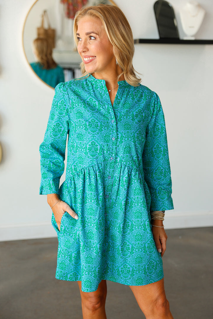 Printed Button Down Dress - Teal