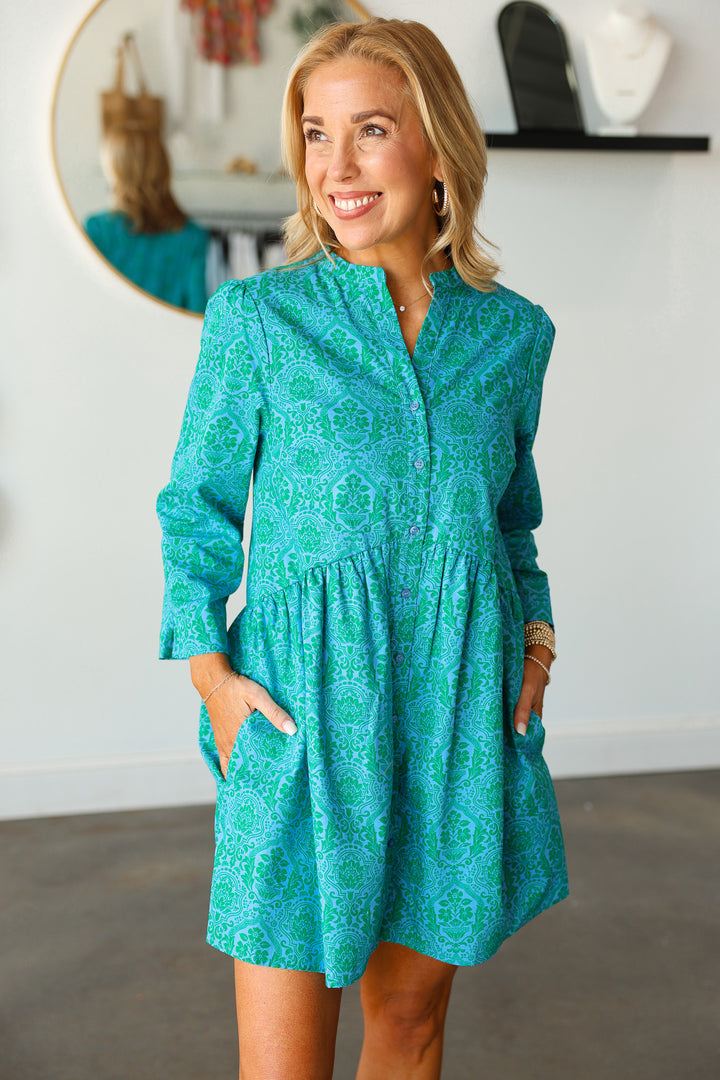 Printed Button Down Dress - Teal