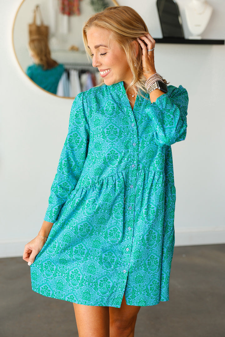 Printed Button Down Dress - Teal