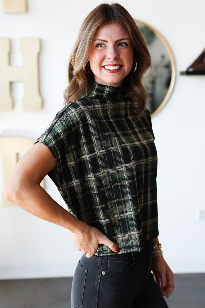 Mock Neck Plaid Top - Green