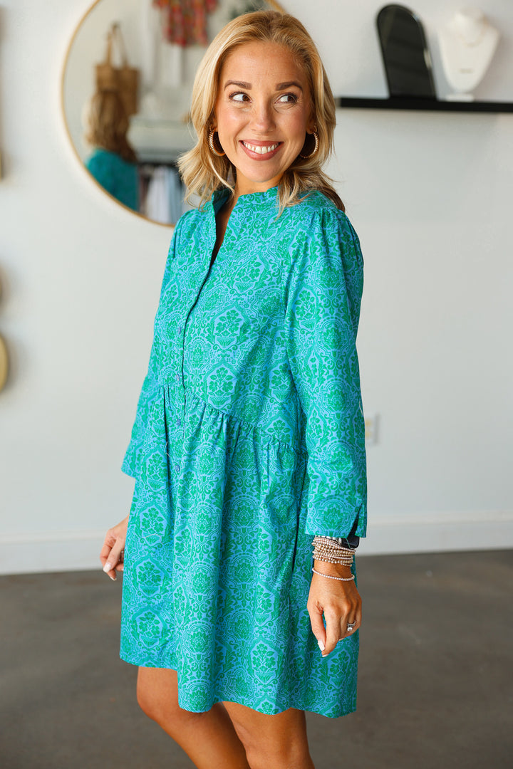 Printed Button Down Dress - Teal