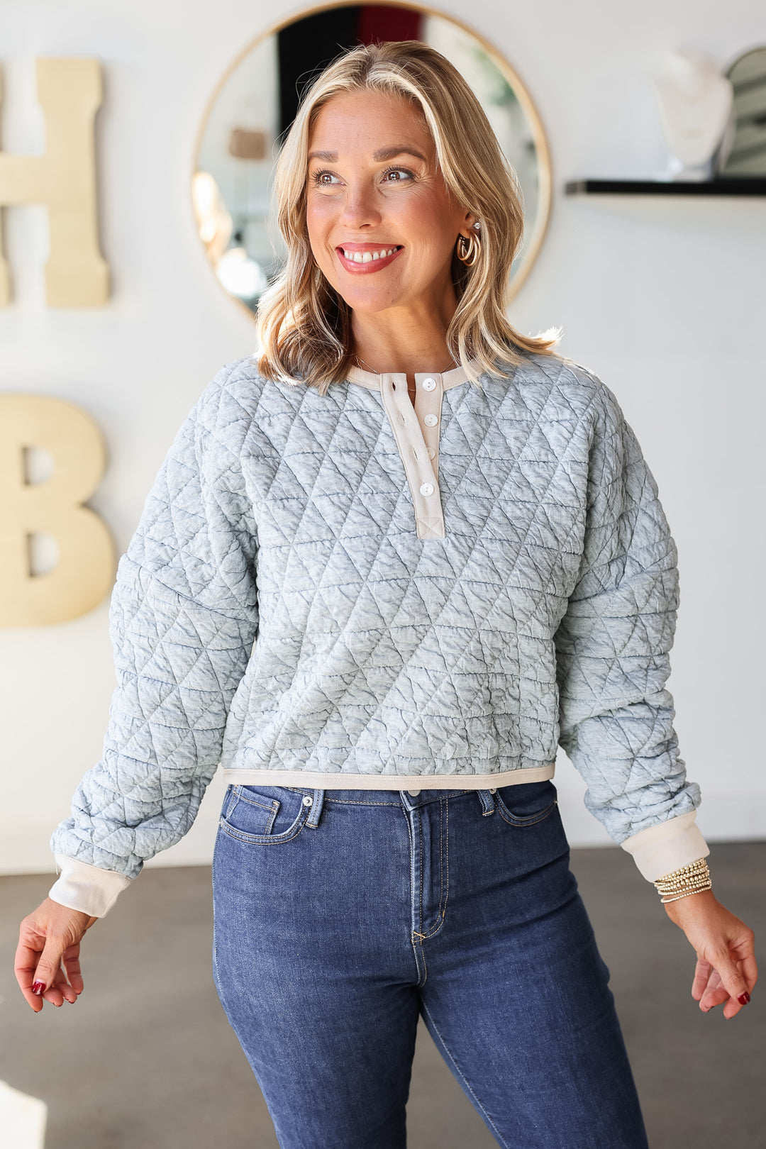 Quilted Button Front Top - Gray