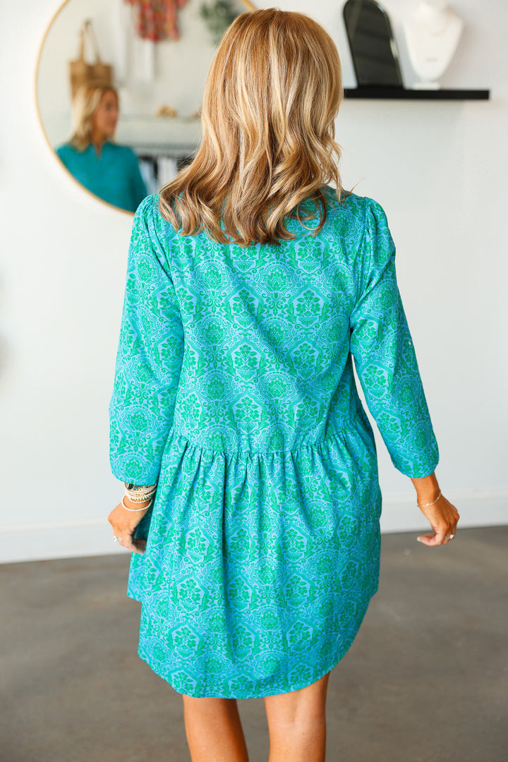Printed Button Down Dress - Teal