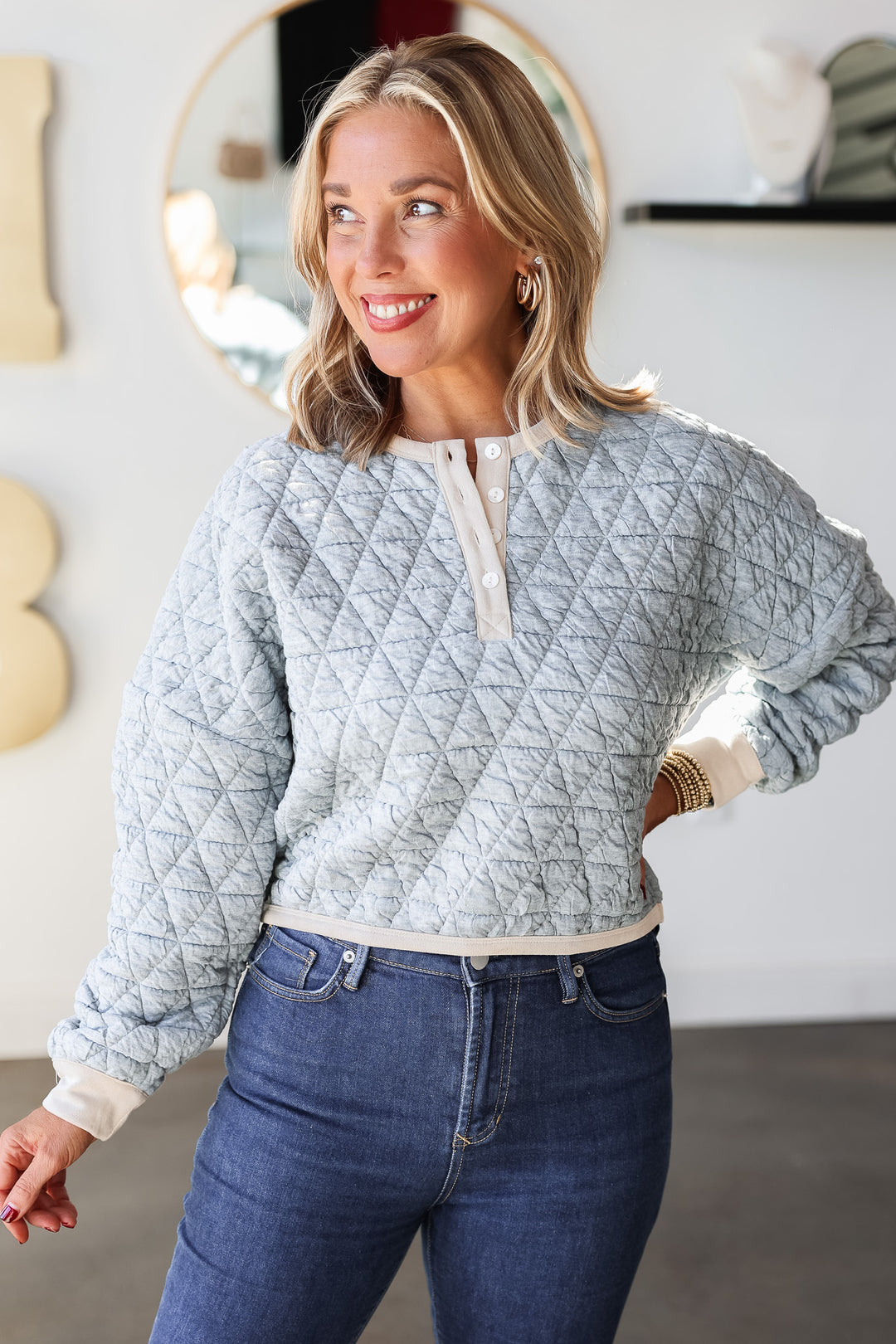 Quilted Button Front Top - Gray