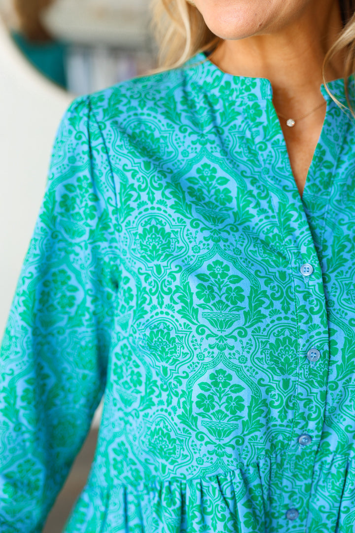 Printed Button Down Dress - Teal