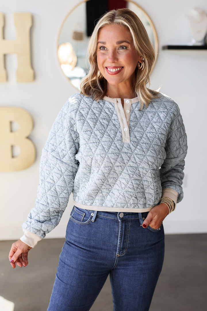 Quilted Button Front Top - Gray