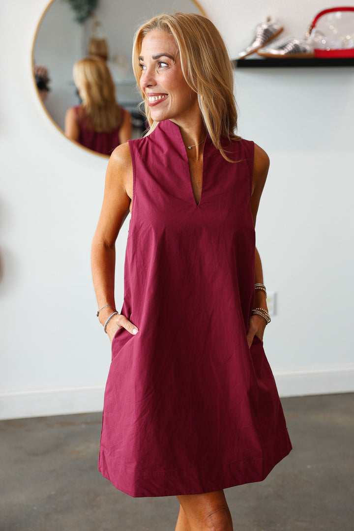 V Neck Shift Dress - Burgundy