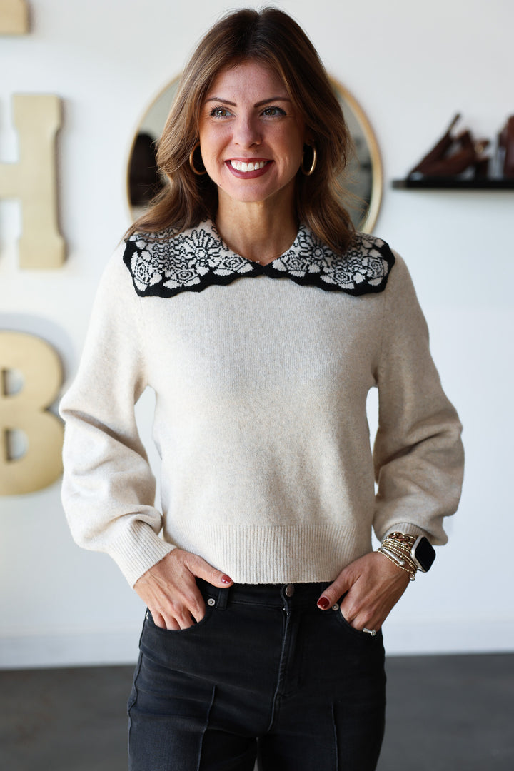 Pattern Collar Knit Top - Cream