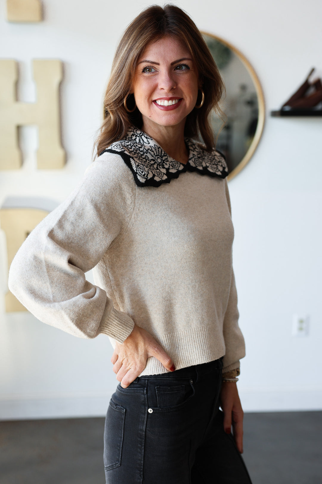 Pattern Collar Knit Top - Cream