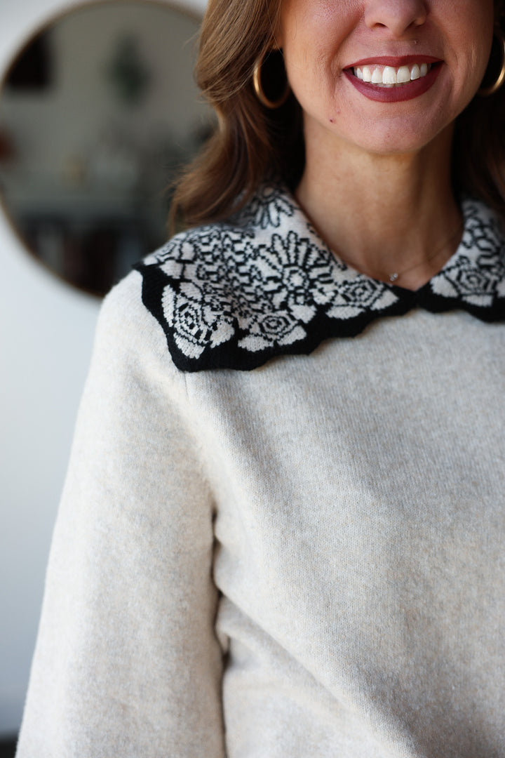 Pattern Collar Knit Top - Cream