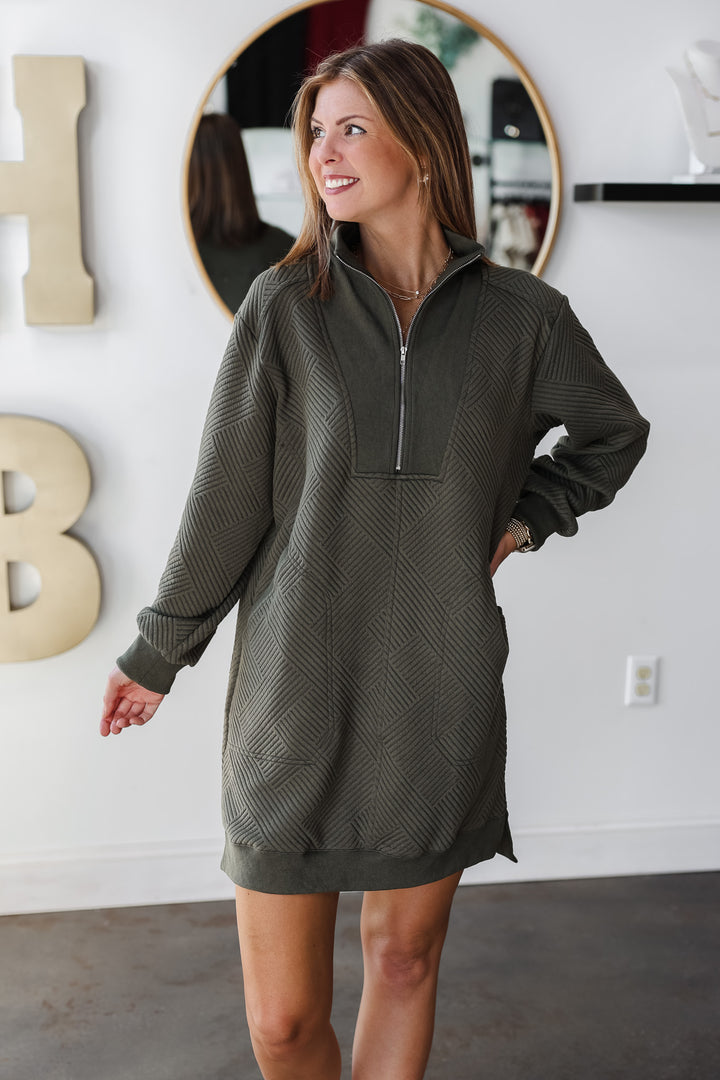 Textured Quarter Zip Dress - Olive