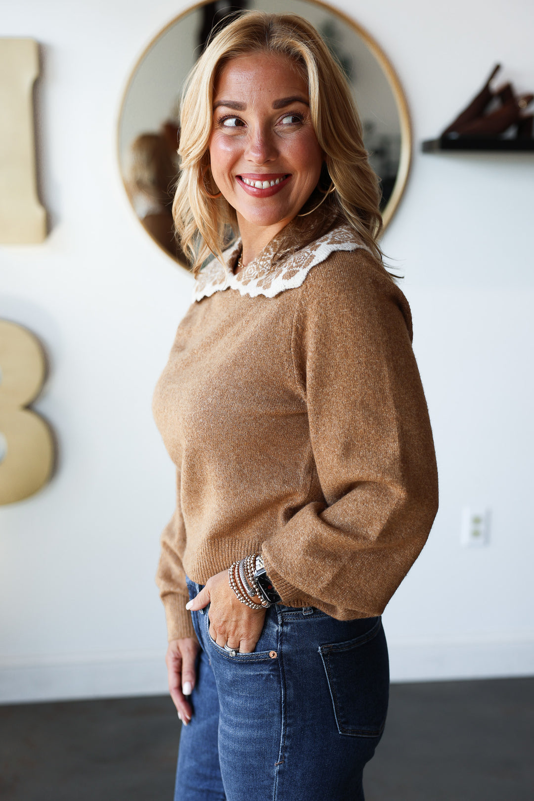 Pattern Collar Knit Top - Camel