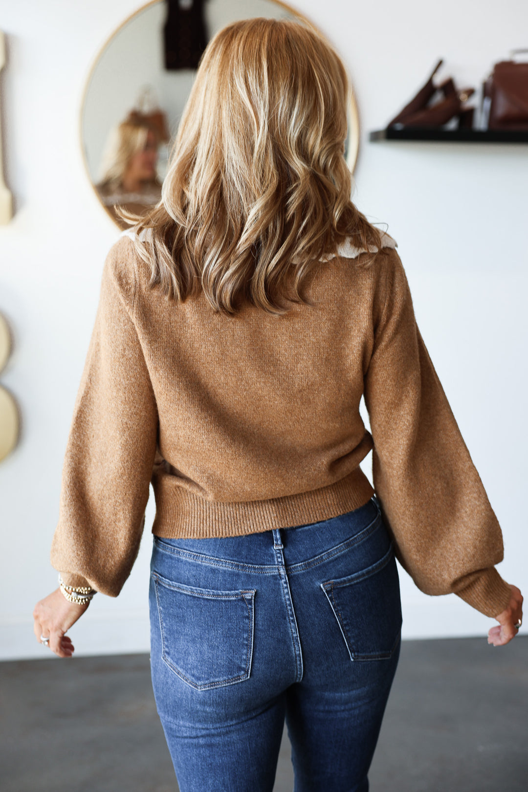 Pattern Collar Knit Top - Camel