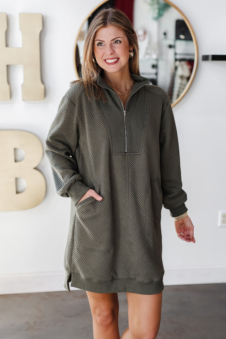 Textured Quarter Zip Dress - Olive