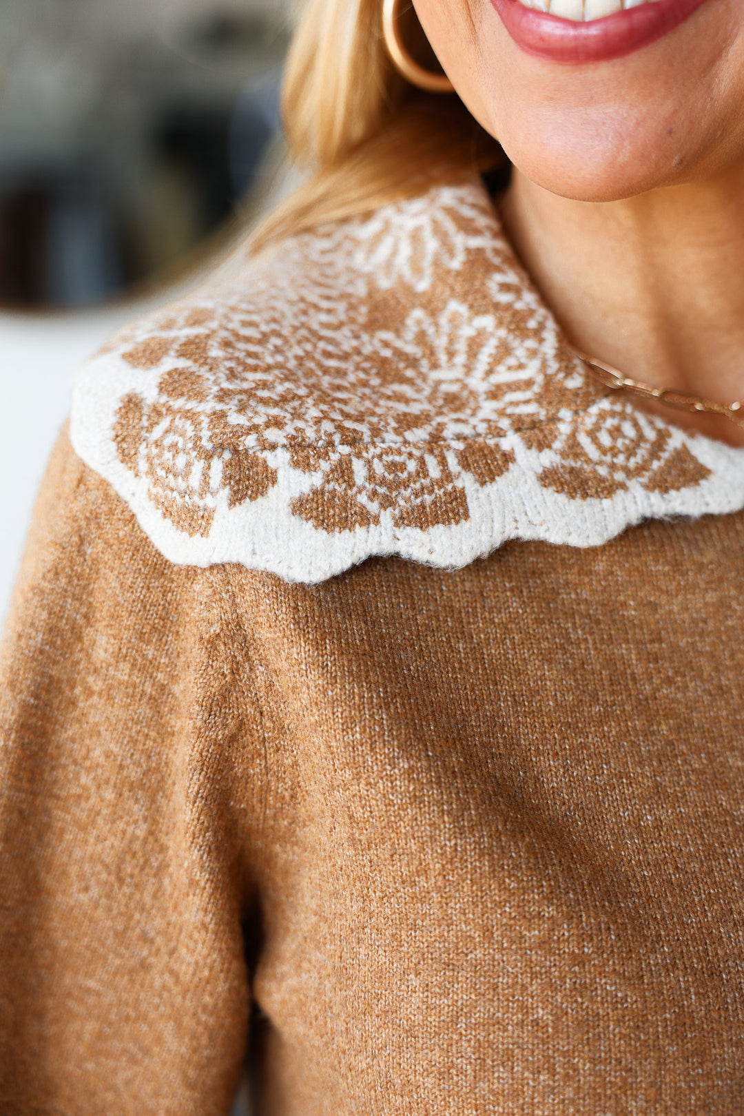 Pattern Collar Knit Top - Camel