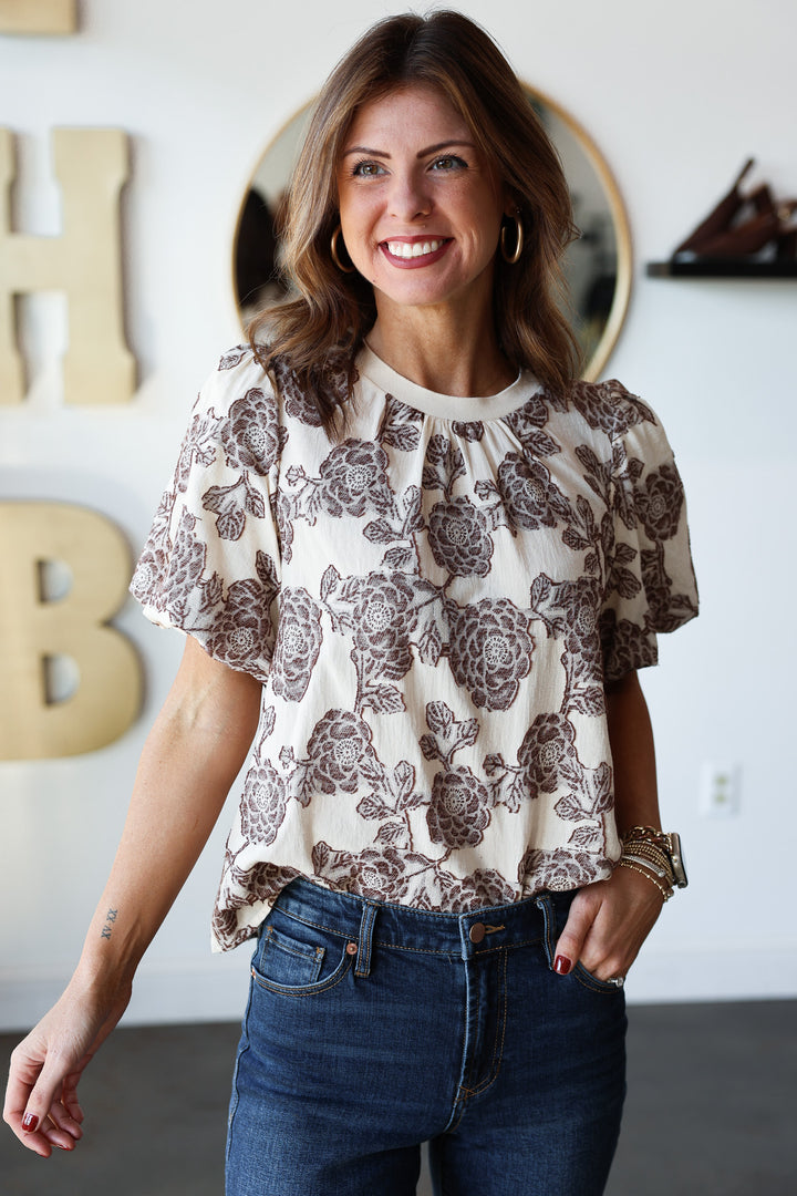 Burnout Floral Printed Top - Brown