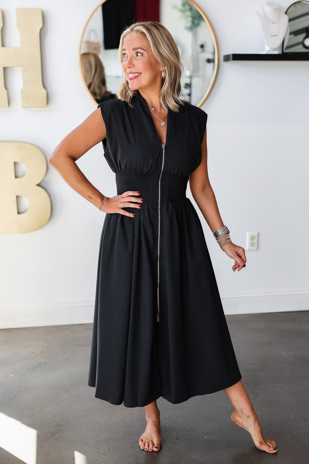 Smocked Waist Zip Up Dress - Black