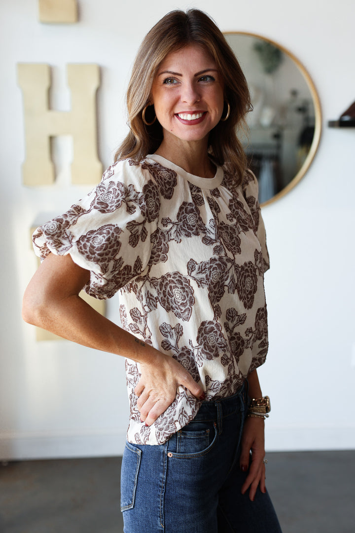 Burnout Floral Printed Top - Brown
