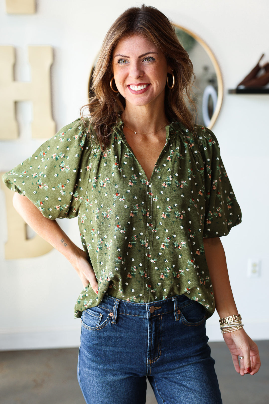 Corduroy Floral Top - Green