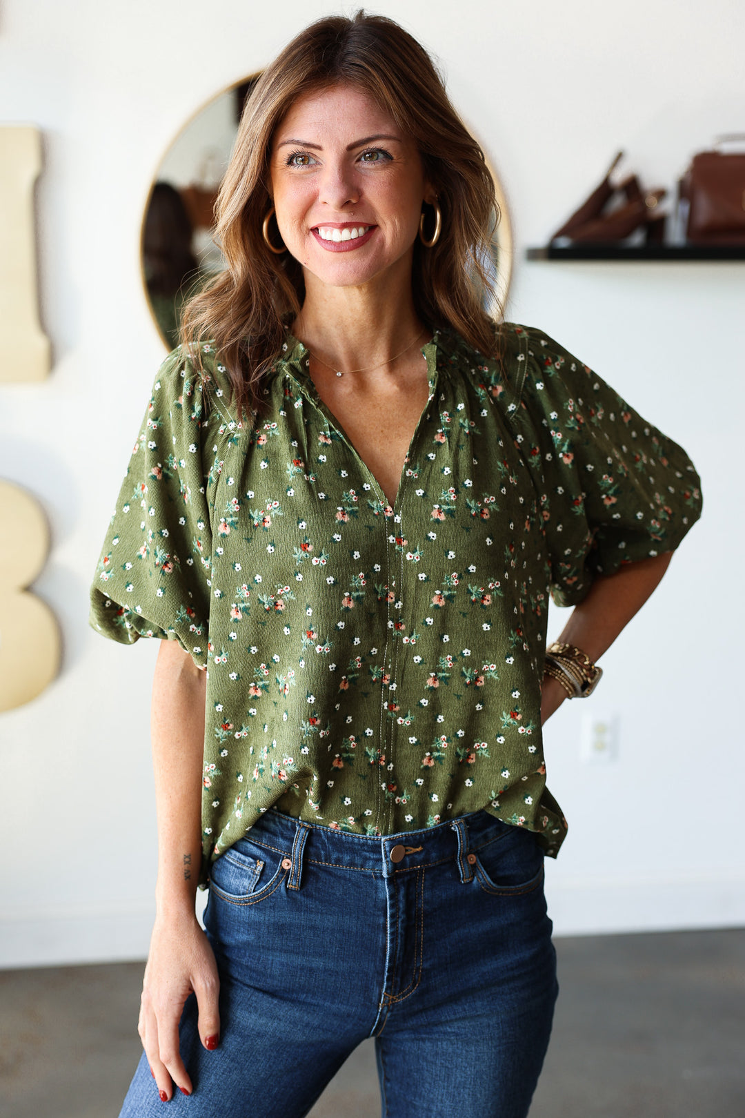 Corduroy Floral Top - Green