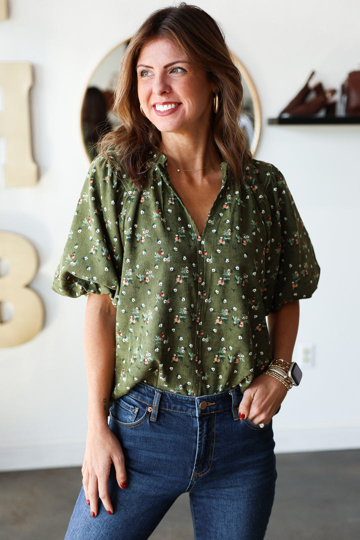 Corduroy Floral Top - Green