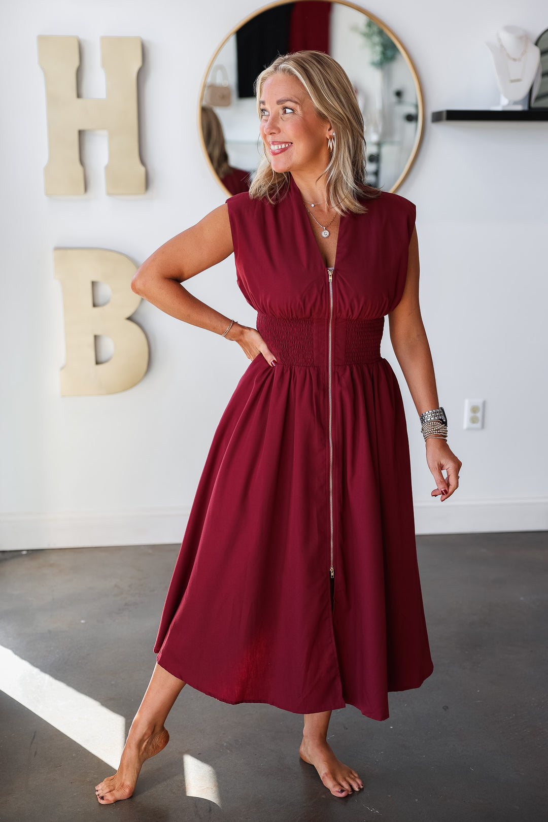 Smocked Waist Zip Up Dress - Merlot