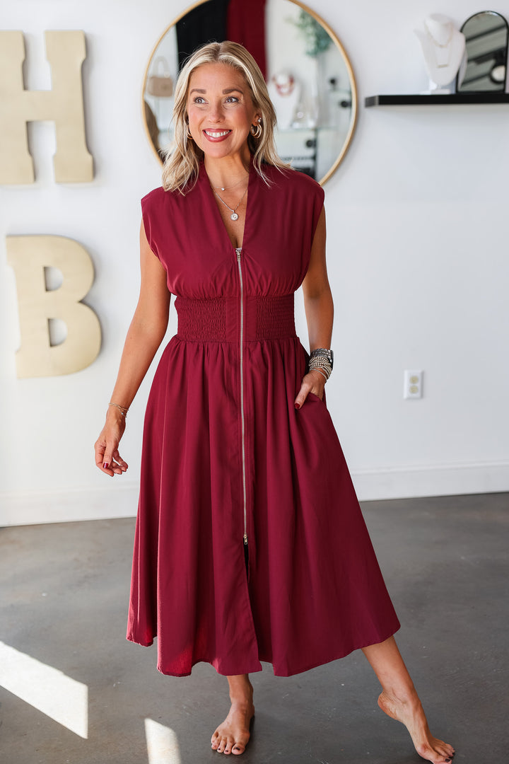 Smocked Waist Zip Up Dress - Merlot