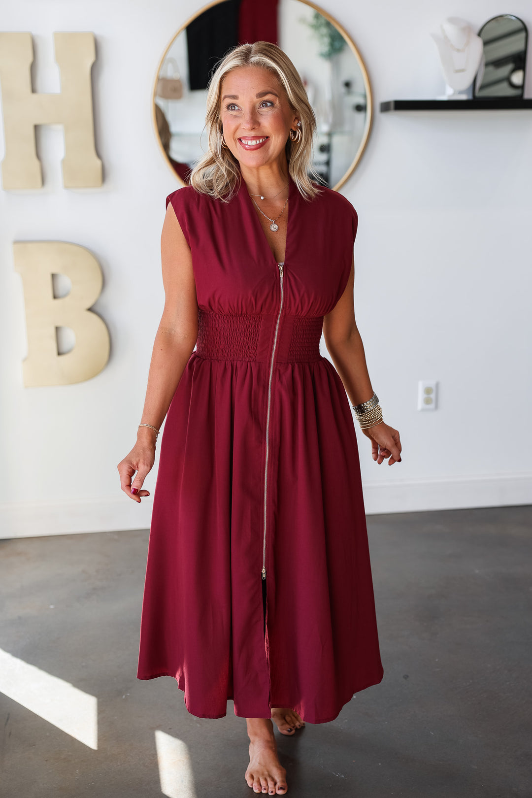 Smocked Waist Zip Up Dress - Merlot