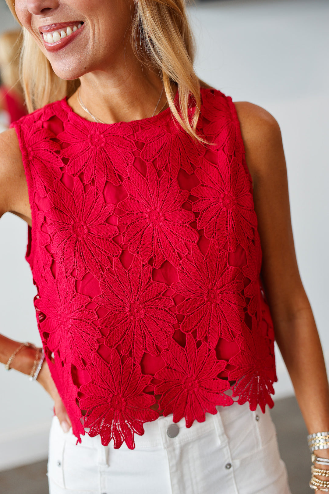 Embroidered Overlay Top - Crimson