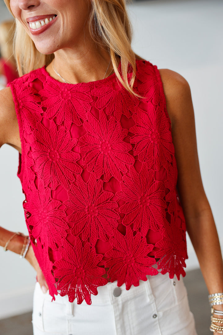Embroidered Overlay Top - Crimson