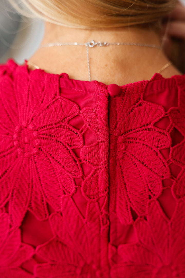 Embroidered Overlay Top - Crimson