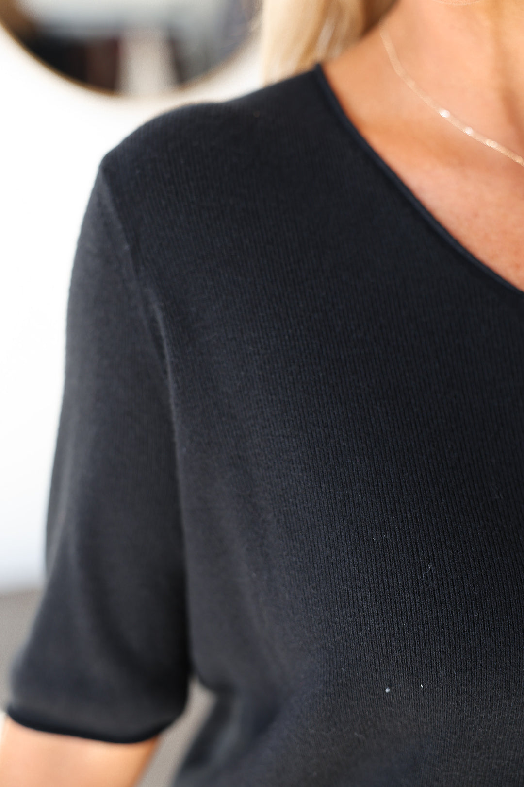 V Neck Short Sleeve Sweater - Black