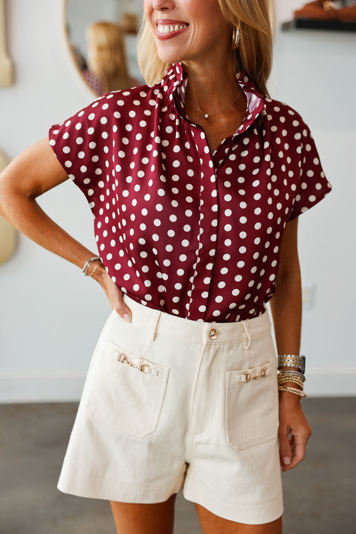 Polka Dot Satin Top - Wine